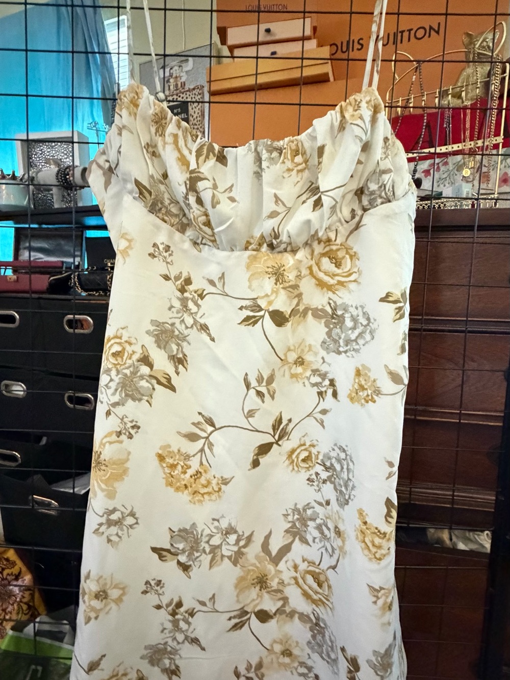 Floral Spaghetti-Strap Slip Dress in Ivory and Gold - Women